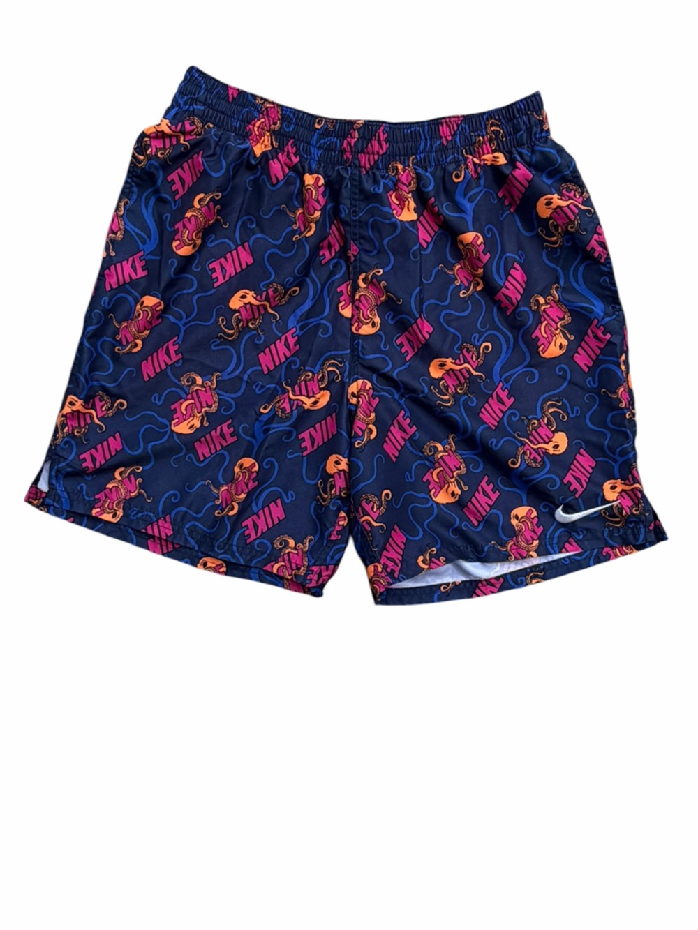Nike Navy Blue Graphic Swim Shorts with Pink & Orange Accents Size Medium